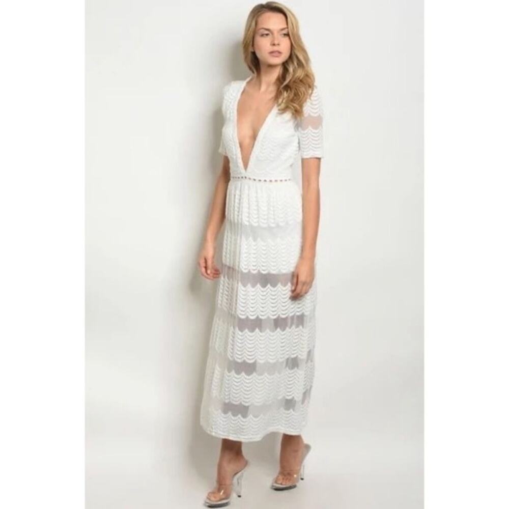 White Lace Deep V Lace Overlay Maxi Dress Medium New